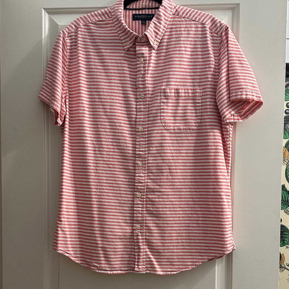 Aeropostale Salmon and White Striped Short-Sleeve Button-Down Shirt